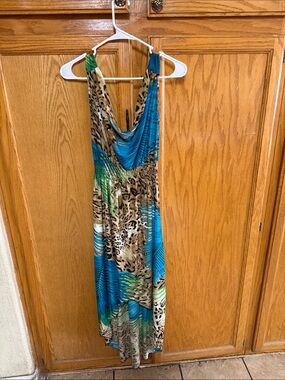 Cowl-Neck Maxi Dress in Blue and Green Leopard Print